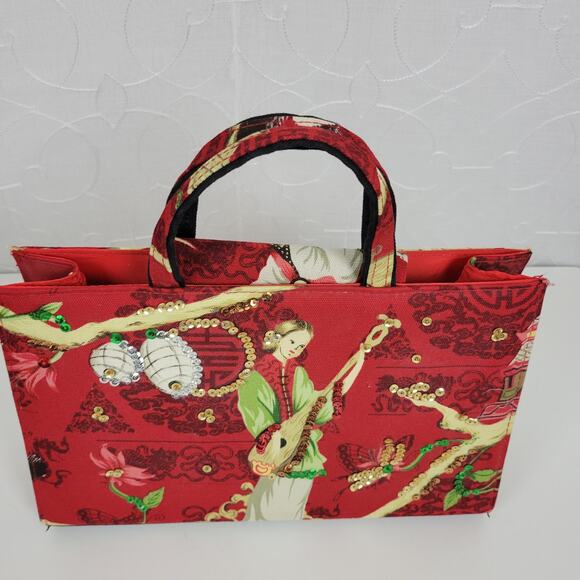 Modella Womens Handbag 11.5" x 8 Red Asian Motif Sequined Double Strap - Picture 12 of 15